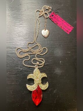Betsey Johnson Gold Fleur Pendant Necklace with Red Teardrop Crystal